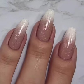 Gifiky 24Pcs French Tip Press on Nails - Long Coffin False Nails with Acrylic Galaxy Design, Gradient Nude Fake Nails for Women,Reusable Glue on Nails Full Cover Tips