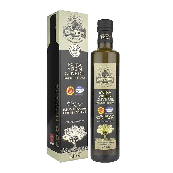 Ellora Farms, Greek Extra Virgin Olive Oil, Certified PDO Messara, Greece, First Cold-Press, Phenol Rich, Keto Diet, Unfiltered and Unrefined, Dark Bottle 17 FL oz.