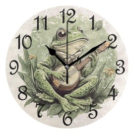 WEVIBOFU Frog Playing Banjo Round Wall Clock Silent Non Ticking Bathroom Clocks 10 Inch Battery Operated Clock for Kitchen Living Room Bedroom Home Decor