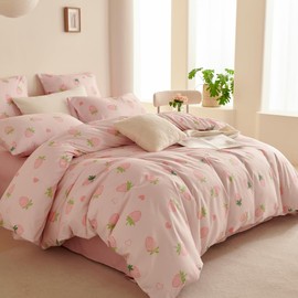 Bildenly Twin Size Duvet Cover Pink Strawberry Comforter Cover for Kids Girl Soft Breathable Microfiber Quilt Cover with Zipper Closure and 1 Pillowcase