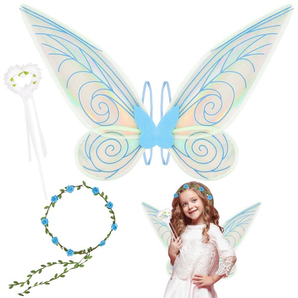 Fairy Wings, Blue Fairy Wings Kids, Butterfly Wings Kids, Fairy Wings and wand, Cute Flower Headband, Rainbow Wings World Book Day Costumes for Girls Cosplay Angel Dress up Birthday Photography Props