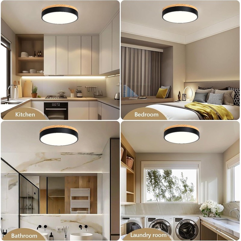 Dimmable Modern Wood Ceiling Light, Black LED 5CCT 2700K-6000K Flush