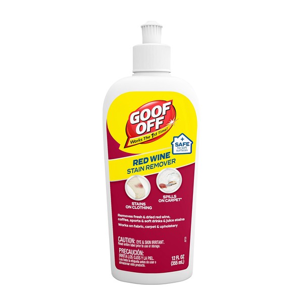 GOOF OFF Red Wine Stain Remover, 12 oz. Bottles, 2 Pack - Removes Fresh & Dried Wine, Coffee, Juice, Sports & Soft Drink Stains, Safe for Use on Fabric, Carpet & Upholstery, Yellow