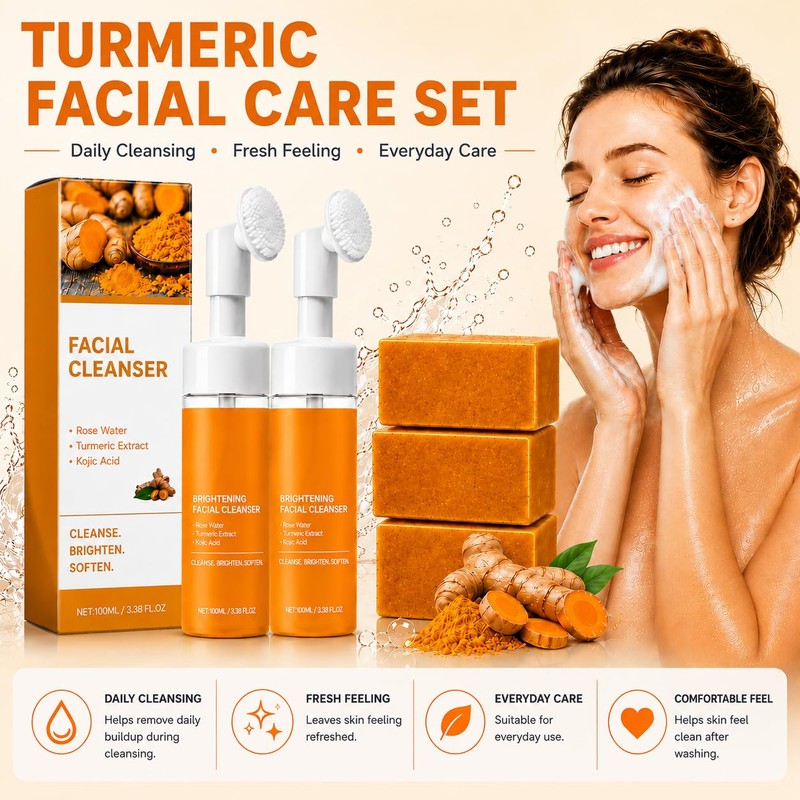 zhnnt 5Pcs Turmeric Wash and Care Set,2Pcs Tuemeric Facial Cleanser