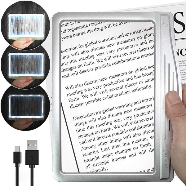 [Rechargeable] 4X Large Ultra Bright LED Page Magnifier with Anti-Glare Lens & Dimmable LEDs (More Evenly Lit Viewing Area & Relieve Eye Strain)-Ideal for Reading Small Prints & Low Vision