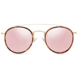 SOJOS Retro Round Double Bridge Polarized Sunglasses for Women Men Vintage Circle UV400 Sunnies SJ1104, Tortoise/Pink