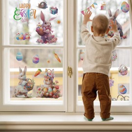 Oeyliz Easter Window Stickers Rabbit Carrot Double-Side Glass Decals 80Pcs Happy Easter Home Office School Shop Display Party Decorations