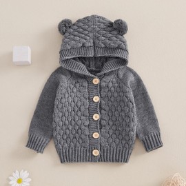 YILEEGOO Baby Toddler Girl Boy Button Down Hooded Cardigan Winter Warm Sweater Long Sleeve Jumpers Coats Knitted Hoodies Clothes (Grey, 12-18 Months)