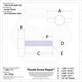 1/4"-20 x 2-1/2" Thumb Screw Stainless Steel - Black Tee Wing Plastic Knob - Standard/Coarse Thread Thumbscrew - Length: 2.500" - Proudly Built in USA - Package of (25)