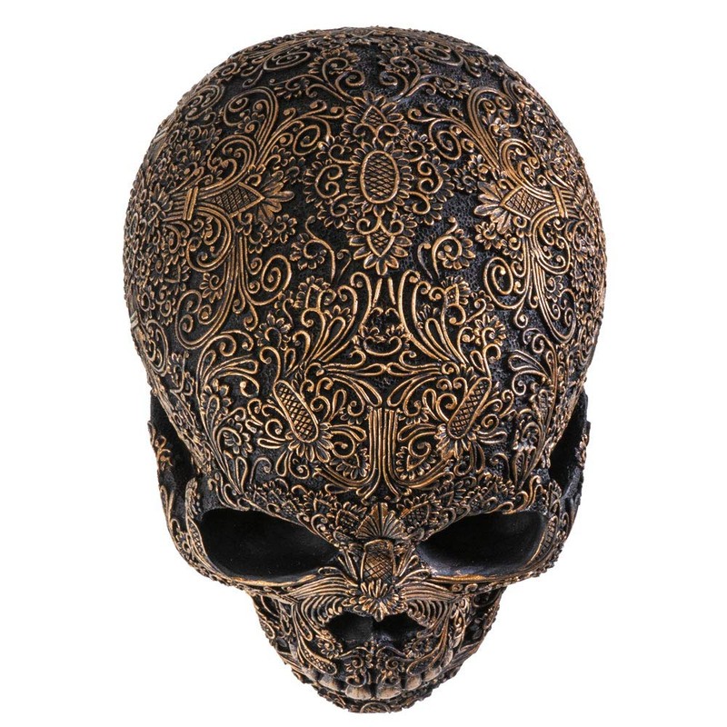 SUMMIT COLLECTION Black Carved Ceremonial Skull with Gothic Motif Design