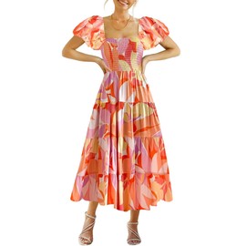 GOLDSTITCH Women's Smocked Maxi Dress Square Neck Ruffle Hem Puffy Short Sleeve Flowy Midi Dress Orange Floral