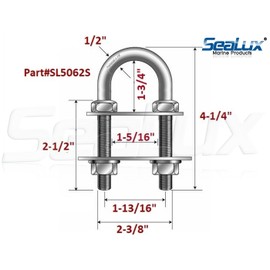SeaLux Marine Boat Bow Eye Stern Eye U Bolt Tie Down 1/2" Stock, 4-1/4" Overall Length, 2-1/2" Thread Length with Hex Nuts and washers-SL875062