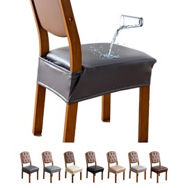 Genina Dining Chair Covers Set of 4, Waterproof PU Leather Dining Seat Covers Stretch Wipeable Dining Room Seat Cover Kitchen Chair Slipcover Protector (Rear-Covered Design, Charcoal Gray)