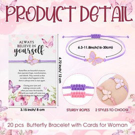 Ferreve 40 Set Butterfly Gifts for Women Wish Bracelet with Cards 2 Styles Adjustable Butterfly Bracelet Inspirational Gifts for Women Mother Day