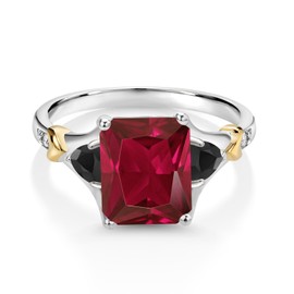 Gem Stone King 925 Silver and 10K Yellow Gold Red Created Ruby and Black Onyx and Diamond Engagement Ring For Women (4.06 Cttw, Emerald Cut 10X8MM, Trillion 3.5MM, Size 5)