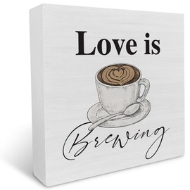 FixeLLD Country Love is Brewing Coffee Wood Box Sign Decor Desk Sign Coffee Lover Wooden Box Block Sign Rustic Home Kitchen Shelf Tabletop Wall Decoration 5x5 Inch