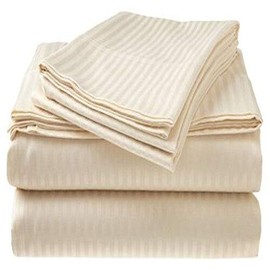 4 Piece Modern Silky & Smooth 15'' Pocket Depth 400 Thread Count 100% Cotton Sateen Sheets Light Beige Color Contemporary Stripes Sheets All Seasons Elegant Luxury Comfy Cozy Soft Bed Sheets Full Set