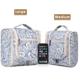 Travel Hanging Toiletry Wash Bag Makeup Cosmetic Organizer for Women (Blue Leaf (Large))