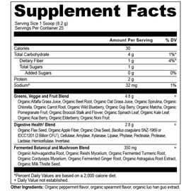 Ancient Nutrition SuperGreens Powder with Probiotics, Organic Peppermint Flavor Greens, Made from Real Fruits, Vegetables and Herbs, for Digestive and Energy Support, 25 Servings, 7.23oz