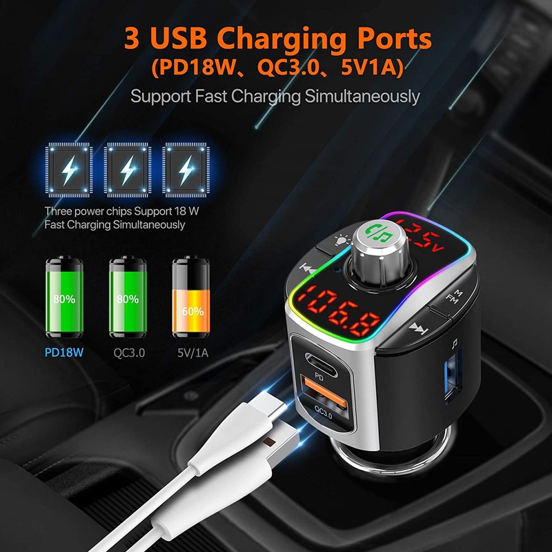 Bluetooth 5.0 FM Transmitter Dual Screen Display 3 USB Ports