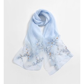 Jeelow Women's Silk Wool Scarf Shawl - Lightweight Floral Embroidered Wrap for Wedding, Party, Prom Fashion Accessory (Bluebelle)