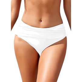 SHEKINI Womens Ruched Bikini Bottom Solid Medium Waisted Tummy Control Swim Bottoms White