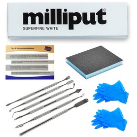 Milliput Plumbers Putty 10 Piece Set, Superfine White - with Sculpting Tools, Sanding Pad and Gloves - Ceramic Tile, Fiberglass Tub, Bath, Sink and Porcelain Repair Kit - 2 Part Epoxy Modeling Clay
