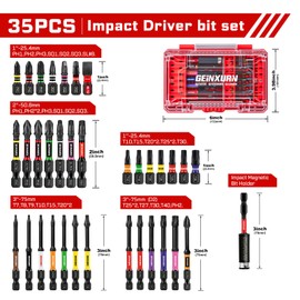 Geinxurn 35Pieces Impact Screwdriver Bits Set, Magnetic S2 Steel 1”/2”/3” Phillips/Square/Torx/Slotted Bits Tips,Impact Bit Holder with Red Storage Box Case