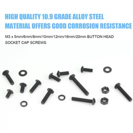 DYWISHKEY 566 Pieces M3 Black Screws, 10.9 Grade Alloy Steel M3x 5/6 /8/10 /12/16 /20mm Button Head Socket Cap Screws Bolts Nuts Washers Assortment Kit