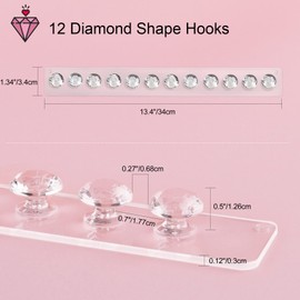 CECOLIC Clear Acrylic Necklace Holder Wall Mounted Necklace Hanger Hanging Jewelry Organizer with 12 Hooks in Diamond Shape (Pack of 3)