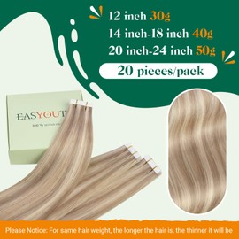 Easyouth Blonde Human Hair Tape in Extensions Ash Blonde Highlights Bleach Blonde Hair Extensions Tape in Real Human Hair Extensions Blonde Highlight Tape Hair Extensions Human Hair 22Inch 20pcs 50g