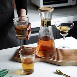 G Fluted Glass Bedside Water Carafe With Bamboo Lid 34 oz and Glass Tumblers 2 Set 9 oz, Ribbed Carafe Bedside, Bedside Water Decanter, Bedroom Nightstand Water Pitcher and Cup Set,Crystal Clear