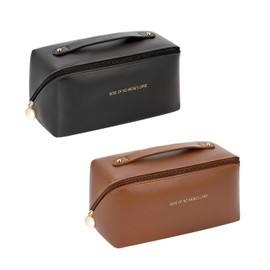 LOEFWTKE Large Capacity Waterproof Makeup Bag for Women Travel, PU Leather Cosmetic & Toiletry Organizer with Handle and Dividers (Brown/Black)​