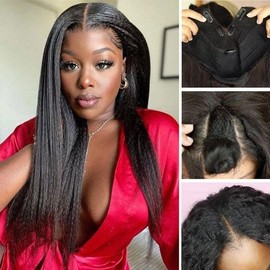 V Part Wig Human Hair Kinky Straight Human Hair Wigs for Black WomenYaki V Part Human Hair Wig Human Hair Upgrade U Part Full Head Clip In Half Wig V Shape Wigs Yaki Straight Human Hair Wig 16 inch