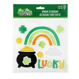 SOL MAR St. Patrick's Day Glitter Gel Window Clings - Fun Lucky Pot of Gold and Mess-Free Decoration for Office Daycare Classroom Indoor with Bonus Reavbde