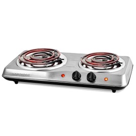 OVENTE Electric Countertop Double Burner, 1700W Cooktop with 6" and 5.75" Stainless Steel Coil Hot Plates, 5 Level Temperature Control, Indicator Lights and Easy to Clean Cooking Stove, Silver BGC102S