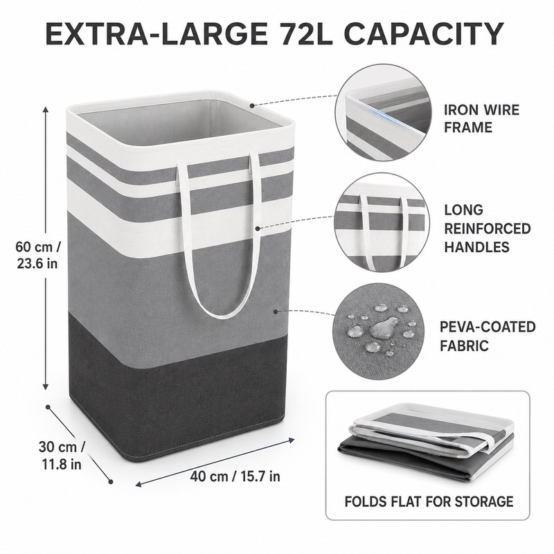 Large Foldable Waterproof Laundry Hamper with Extended Handles, Freestanding Canvas