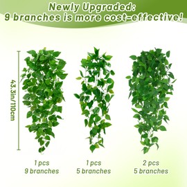 BLEUM CADE 1Pcs Fake Hanging Plants, 9 Branch Artificial Hanging Plant, Lush Faux Pothos Vines for Home Room Wall Shelf Porch Outdoor Indoor Decor (No Baskets)
