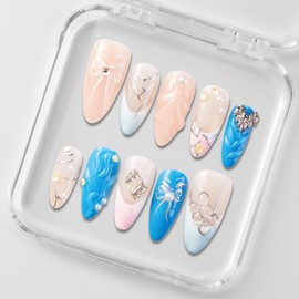 Zfans Almond Shape DreamWear Collection - 100% Handcrafted 3D Press-On Nails | Reusable, Long-Lasting, Salon-Quality Mint Bloom Eco-Friendly Nail Art Set:_Bow & Heart Delight_l