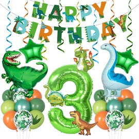 Amandir Dinosaur 3rd Birthday Party Decorations for Boys Girl, Foil Green Star Number 3 Dinosaur Balloons with Happy Birthday Banner Hanging Swirls for Three Rex Dino Baby Shower Kids Party Supplies