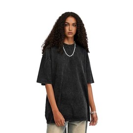 Unisex Short Sleeves Retro Vintage Style T-Shirt Casual Loose Wash Solid Basic Tee Tops Black
