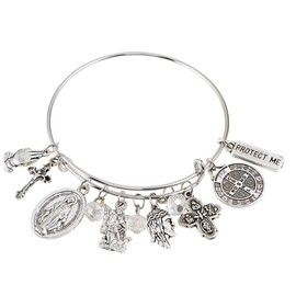 Catholic Charm Bracelet with St Benedict, St Michael, Miraculous Medal, Four Way Cross, Crucifix and More Medal Pendants, 7 1/2 Inch