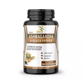 SMS Ashwagandha Capsules 1300mg Serving W/Black Pepper Root Powder Organic Non GMO