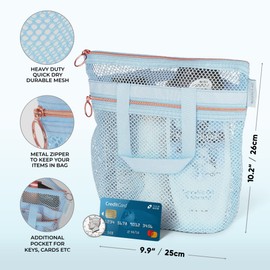 Mesh Shower Caddy Portable 10.2x9.9'' Shower Bag with Zipper & 2 Pockets. Shower Tote Ideal for Gym, Travel, Camp, Beach, for Sunscreen, Dorm & College Essentials (Blue, Small)