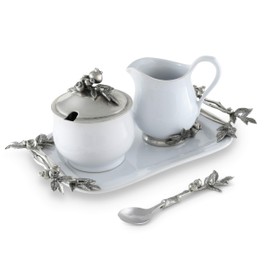 Vagabond House Stoneware Creamer Set - Pewter Blueberry 5 Pieces - cream pitcher, lidded sugar bowl, decorative handle sugar spoon and tray for Coffee and Tea 12.25 inch Long Tray