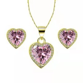 Paris Jewelry 10k Yellow Gold Heart 1/2Ct Created Pink CZ Full Set Necklace 18 inch Plated