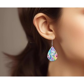 Twisted R Design Earrings, Elaina Paisley Wood Dangle Teardrop Print Earrings Jewelry