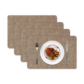 MIJOTEX 11.8" x 17.7" PVC Leather Heat Resistant Placemats Set of 4 – Waterproof Oilproof Wipeable Dining PU Place Mat Easy Clean Table Mats for Kitchen/Dining/Party/Restaurant (Khaki)