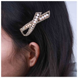 Allereyae Vintage Crystal Pearl Hair Clip Barrette Rhinestone Pearl Beaded Hairpin Faux Pearl Head Clip Headwear Barrette Gold Minimal Pearl Bow Hair Accessories for Women (Gold Crystal)