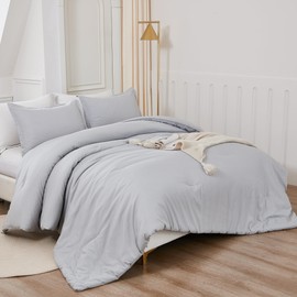 Litanika Light Grey Comforter Queen Size, 3 Pieces Lightweight Solid Bedding Comforter Set, All Season Fluffy Bed Set (90x90In Comforter & 2 Pillowcases)